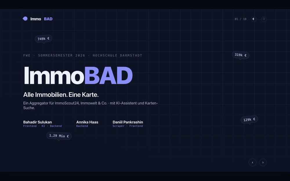 ImmoBAD pitch deck title slide — Alle Immobilien. Eine Karte.