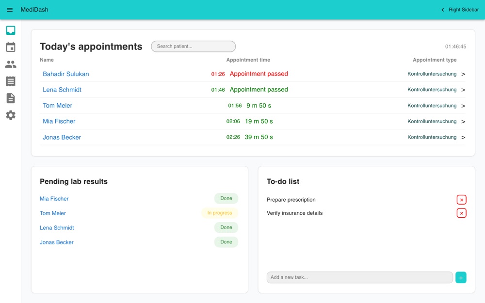 MediDash dashboard with appointments, lab results and a to-do list