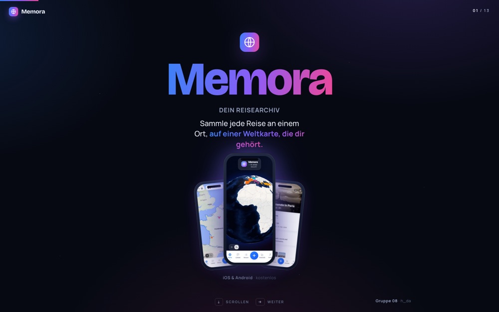Memora pitch page — collect every trip on a world map